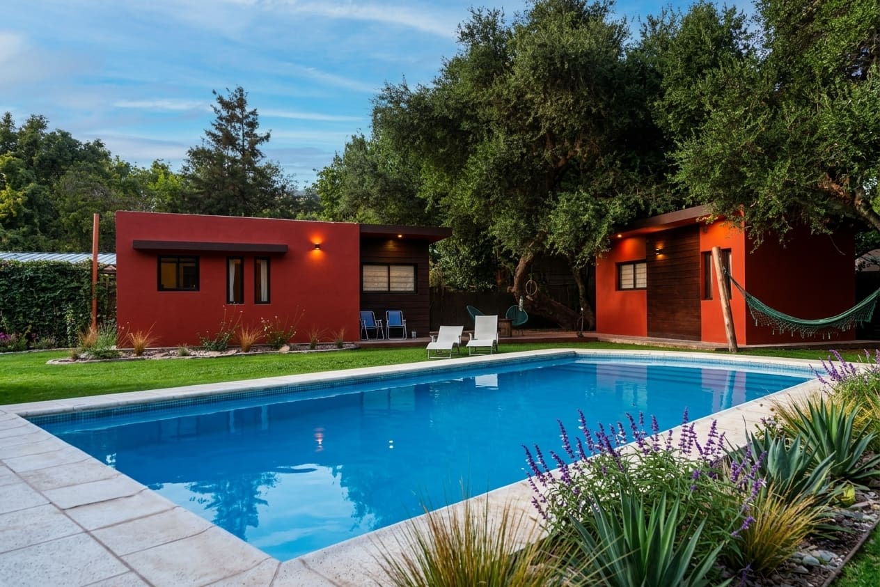 Jardín y piscina de Espacio Raku en Chacras de Coria